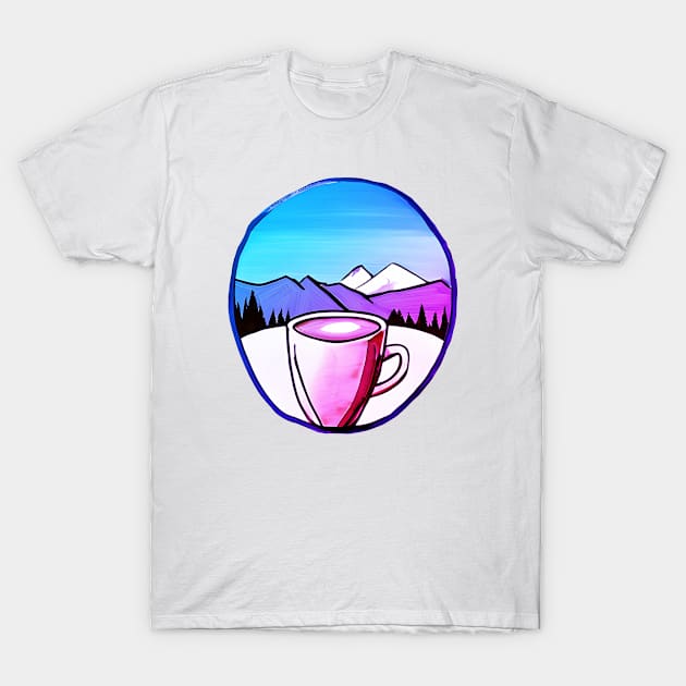 Watercolor Coffee And Mountains Pink, Retro Drink Coffee Outdoors, Cool hiker gift T-Shirt by yourfavoriteshop